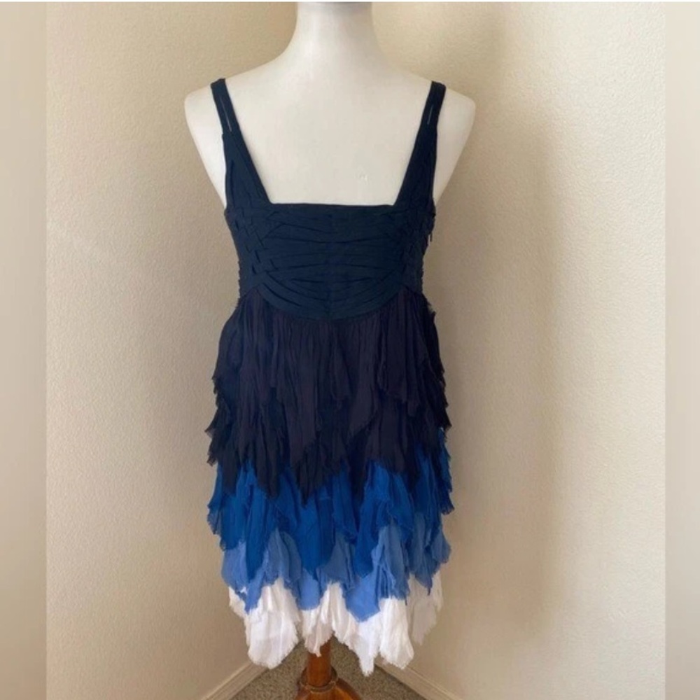 Desigual Blue and White Silk Ruffled Tiered Dress, Flowy Mini Dress, Size 38